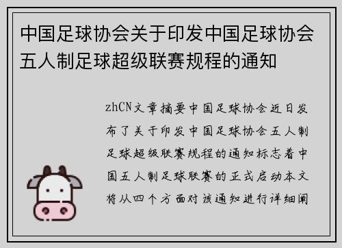 中国足球协会关于印发中国足球协会五人制足球超级联赛规程的通知