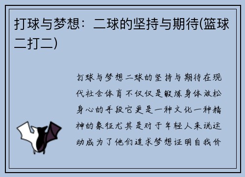 打球与梦想：二球的坚持与期待(篮球二打二)