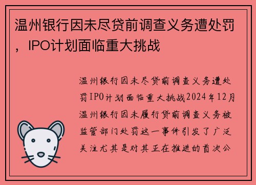 温州银行因未尽贷前调查义务遭处罚，IPO计划面临重大挑战
